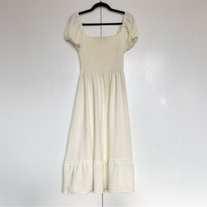 Cream dobby dot puff sleeve off-the-shoulder smocked a-line midi dress | Size M